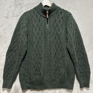 The Irish Store Mens Fisherman Knit Merino Wool‎ Sweater Size M 1/4 Zip Green
